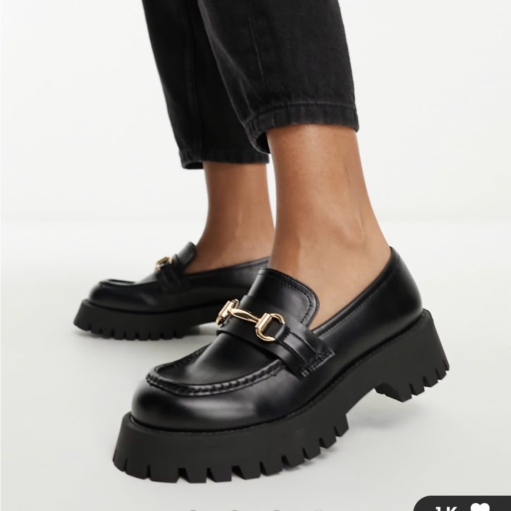 Asos Design Loafer Shoes Women’s Black Chunky Platform Gold Accents